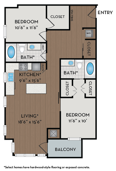 A floor plan of a home with a living room, kitchen, two bedrooms and two bathrooms.
